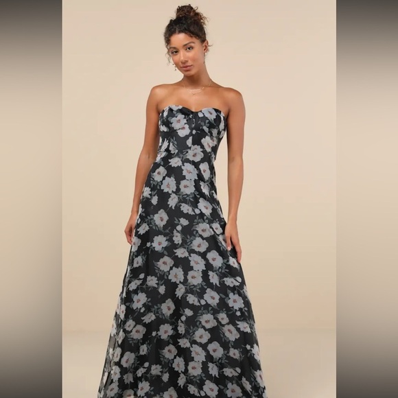 Lulu's Black Floral Organza Bustier Maxi Dress NWT - Picture 1 of 5